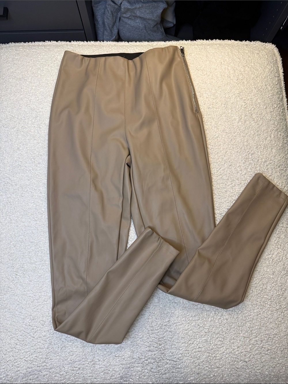 Faux Leather High-Waist Slim Pants in Taupe